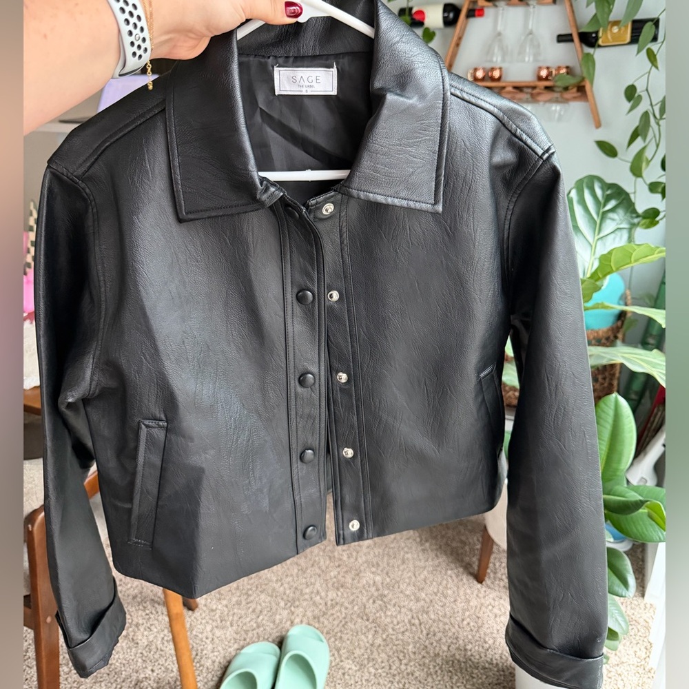 Sage Cropped Faux Leather Jacket